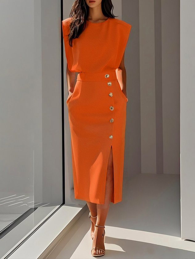 Women's Sleeveless Button Midi Dress | Padded Shoulder Leg Split Full
