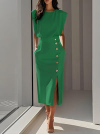 Women's Sleeveless Button Midi Dress | Padded Shoulder Leg Split Side