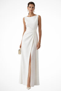 Women's Sleeveless Draped Waist Wedding Guest Maxi Dress | Ruched Side Slit Hero