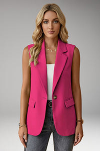 Women's Sleeveless Notch Collar Blazer | Structured with Flap Pockets Close Up