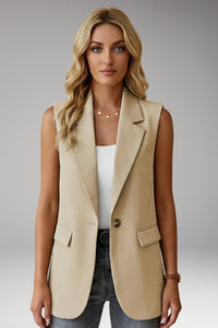 Women's Sleeveless Notch Collar Blazer | Structured with Flap Pockets Side