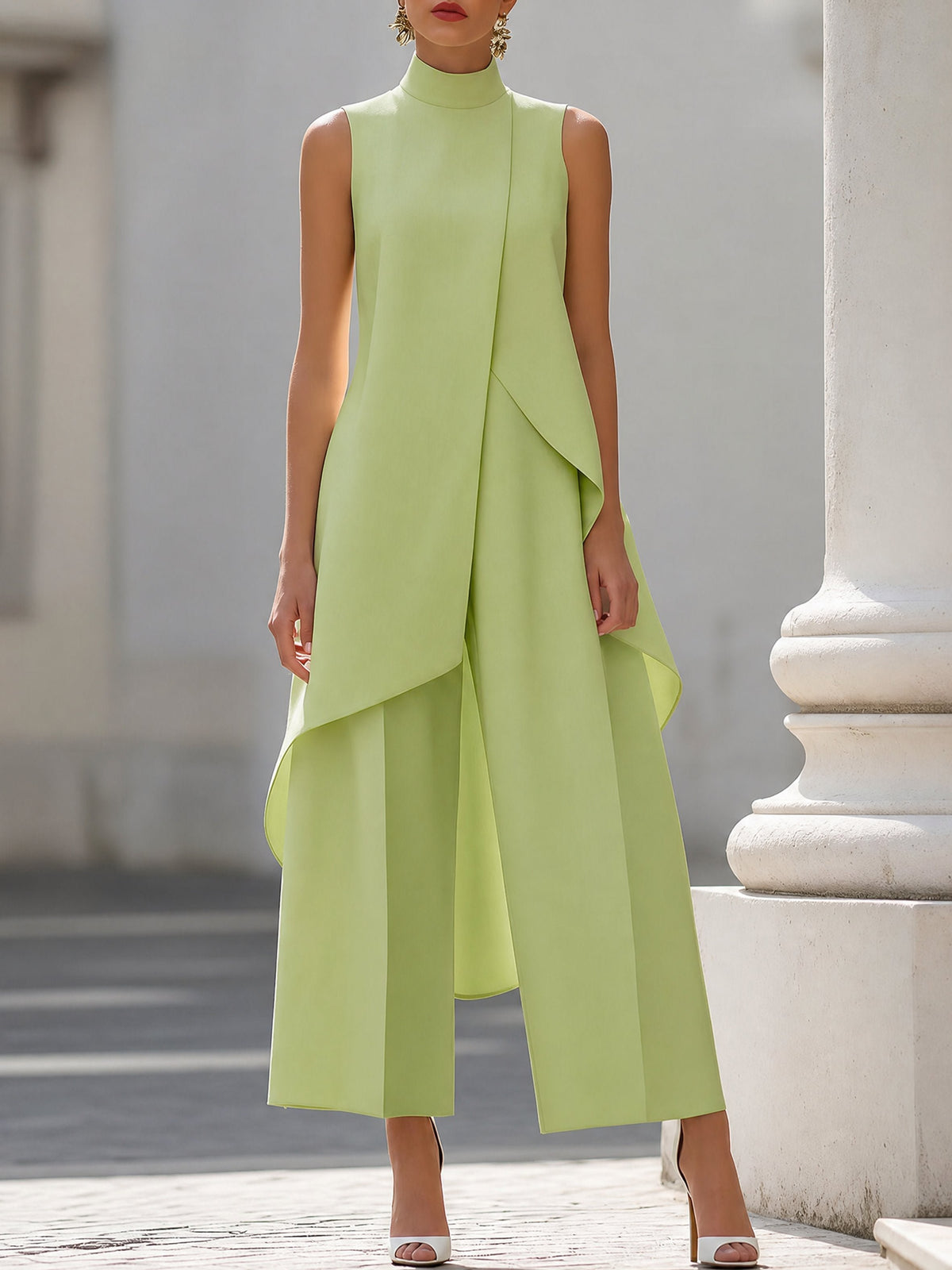 Women's Sleeveless Wide-Leg Trouser Set | Asymmetric Draped High Neck Angle