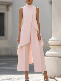 Women's Sleeveless Wide-Leg Trouser Set | Asymmetric Draped High Neck Close Up