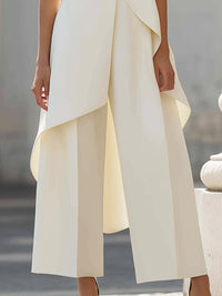 Women's Sleeveless Wide-Leg Trouser Set | Asymmetric Draped High Neck Detail