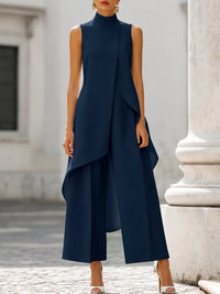 Women's Sleeveless Wide-Leg Trouser Set | Asymmetric Draped High Neck Full