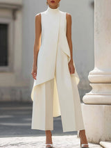 Women's Sleeveless Wide-Leg Trouser Set | Asymmetric Draped High Neck