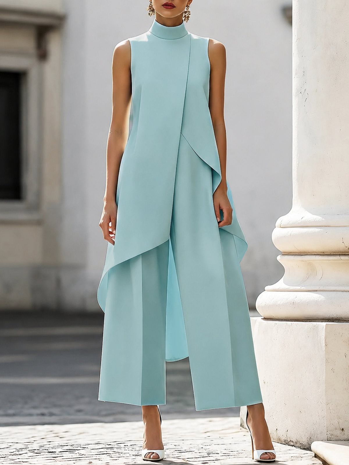 Women's Sleeveless Wide-Leg Trouser Set | Asymmetric Draped High Neck Lifestyle