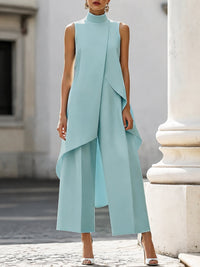 Women's Sleeveless Wide-Leg Trouser Set | Asymmetric Draped High Neck Lifestyle