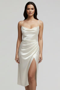 Women's Slim Strap Draped Dress | Fitted Waist with Side Slit Detail