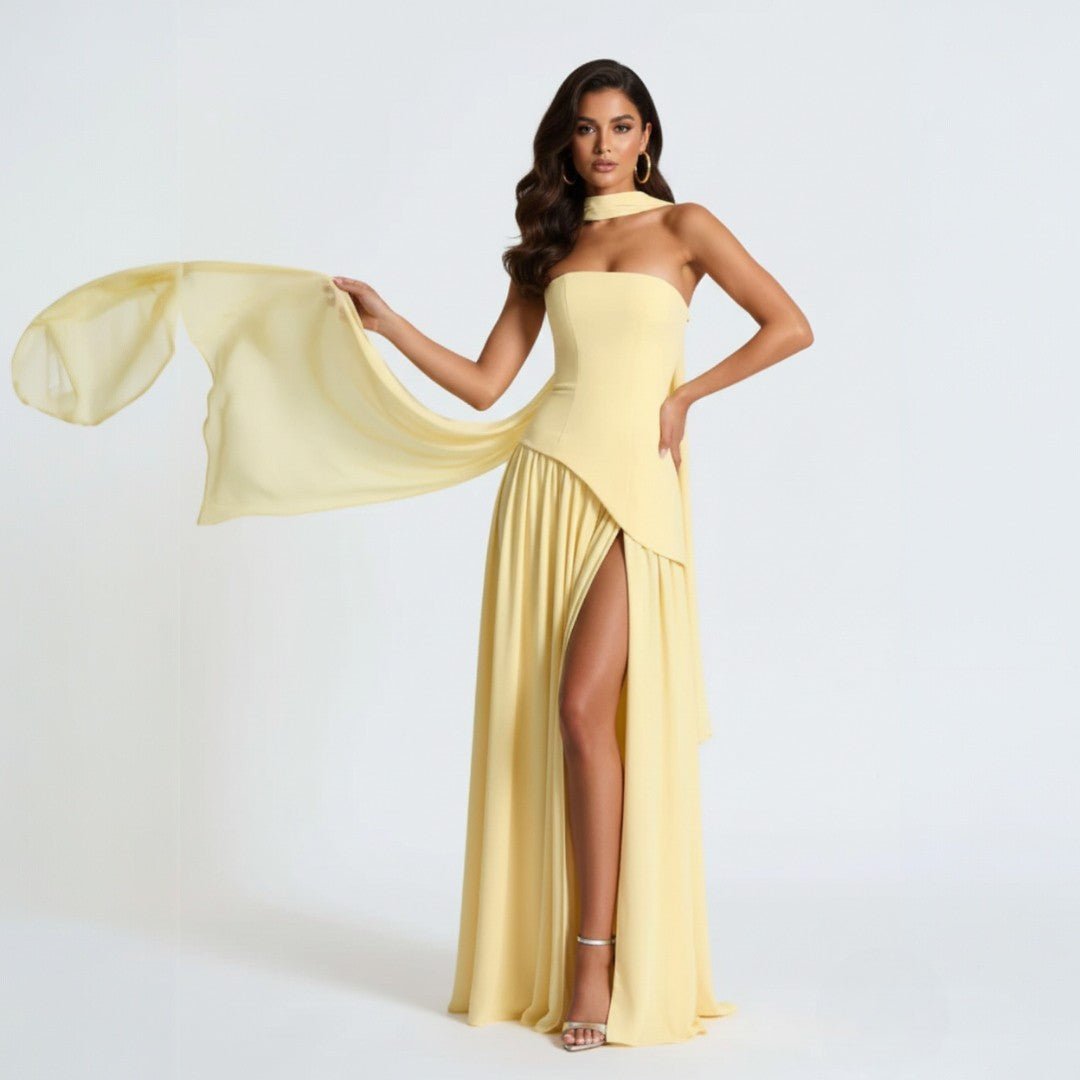 Women's Strapless A-Line Maxi Dress | Shawl with Asymmetric Peplum Hem Close Up