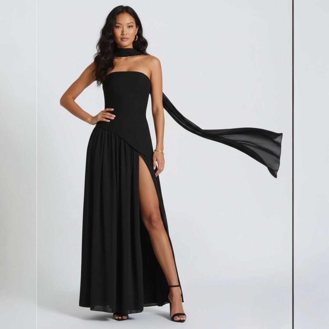 Women's Strapless A-Line Maxi Dress | Shawl with Asymmetric Peplum Hem Lifestyle
