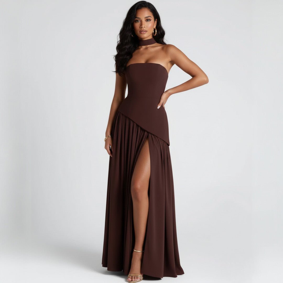 Women's Strapless A-Line Maxi Dress | Shawl with Asymmetric Peplum Hem Side