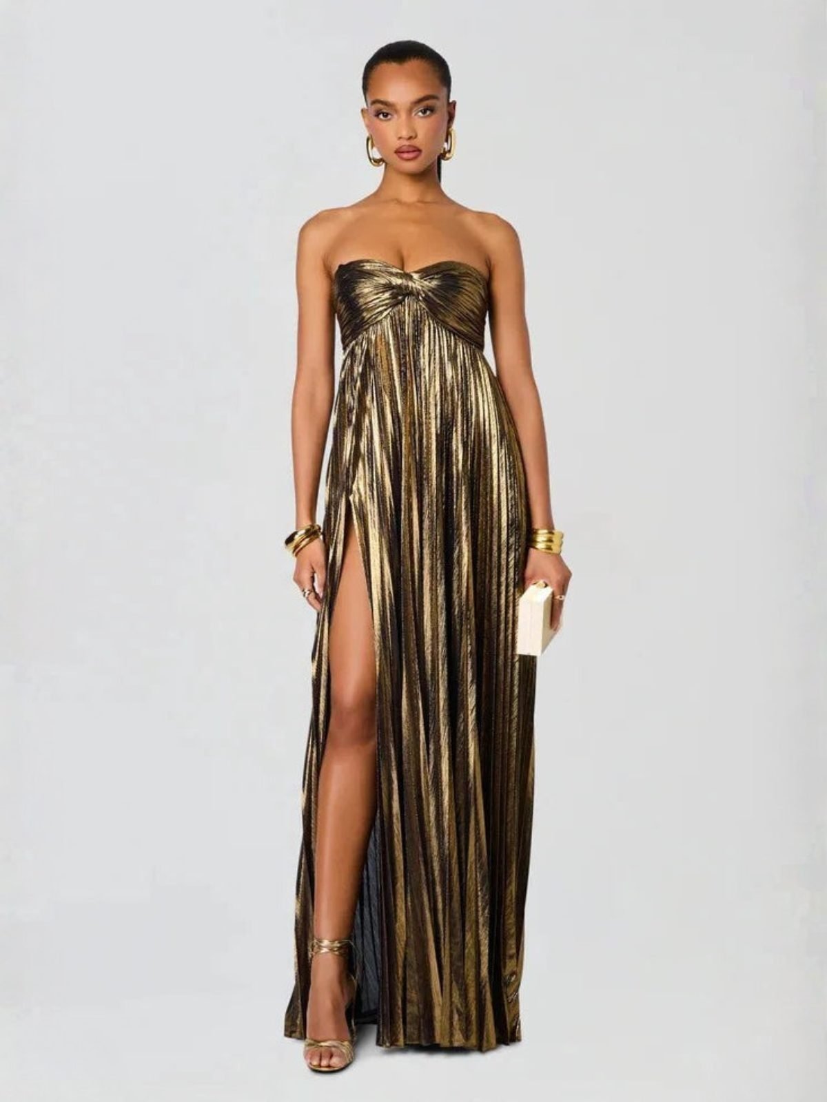 Women's Strapless Maxi Dress | Wedding Guest Twisted Bodice Leg Split Close Up