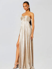Women's Strapless Maxi Dress | Wedding Guest Twisted Bodice Leg Split Detail