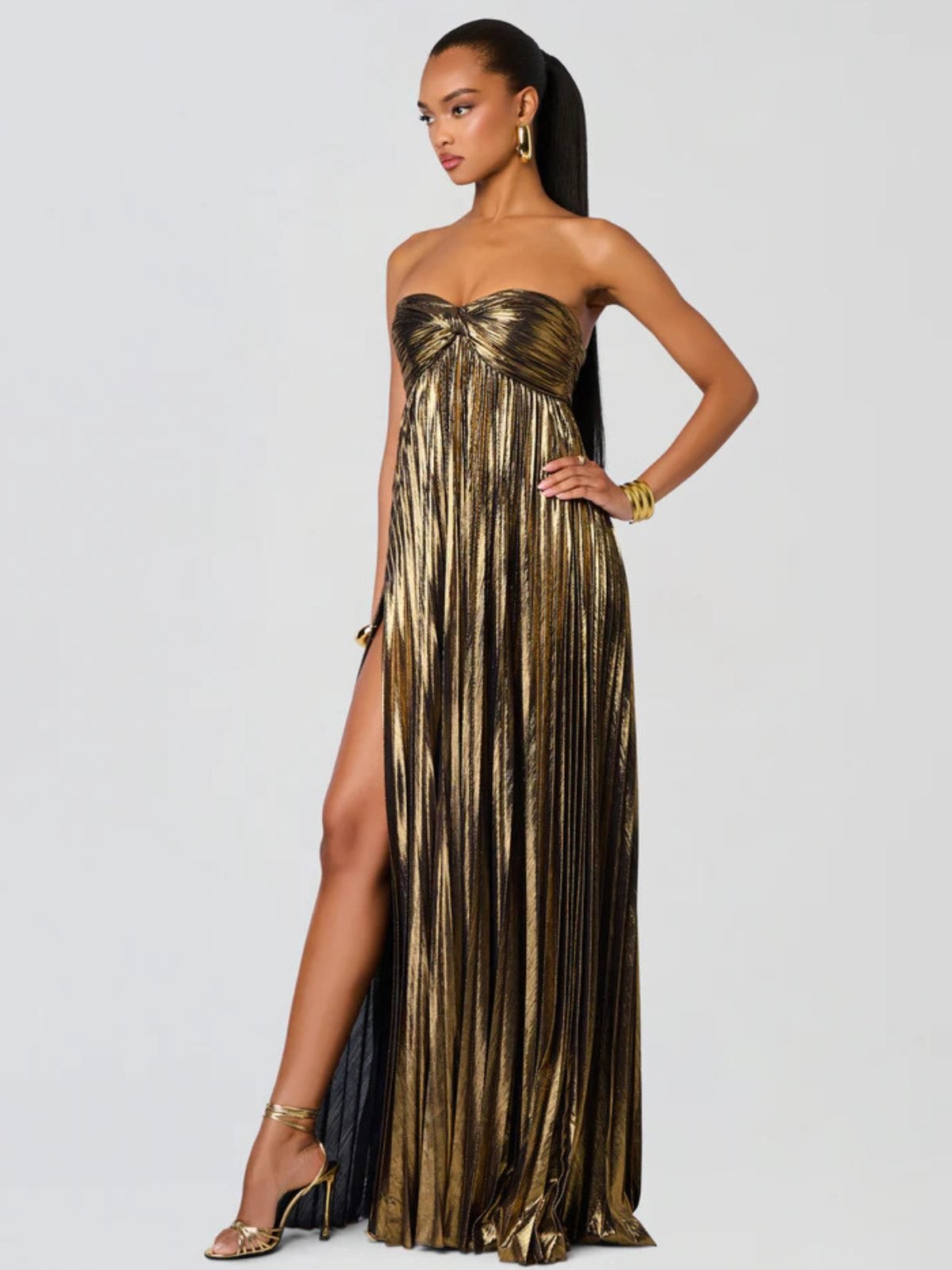 Women's Strapless Maxi Dress | Wedding Guest Twisted Bodice Leg Split Lifestyle