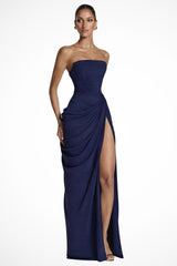 Women's Strapless Ruched Wedding Guest Maxi Dress | Draped Front Slit