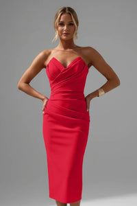 Women's Strapless Sweetheart Ruched Midi Dress | Fitted Bodice Detail Full