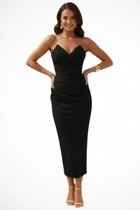 Women's Strapless Sweetheart Ruched Midi Dress | Fitted Bodice Detail View 12