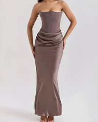 Women's Strapless Wedding Guest Maxi Dress | Draped Hip Ruching Hero