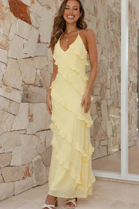 Women's Tiered Ruffle Halter Neck Maxi Dress | Flowing Summer Style Front