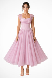 Women's Tulle Wedding Guest Dress | A-Line Midi Sweetheart Bodice Back