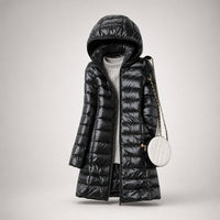 Women's Ultralight Down Jacket | Hooded Long Line Fit Close Up