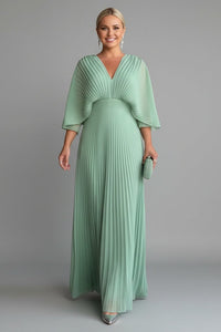 Women's V-Neck Pleated Maxi Dress | Cape Sleeve Long Length Close Up