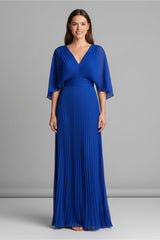 Women's V-Neck Pleated Maxi Dress | Cape Sleeve Long Length