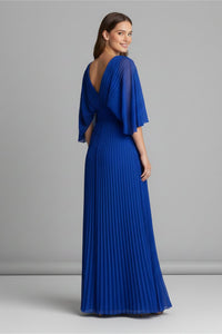 Women's V-Neck Pleated Maxi Dress | Cape Sleeve Long Length Full