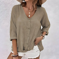 Women's V Neck Relaxed Button-Up Blouse - close-up