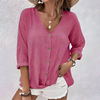 Women's V Neck Relaxed Button-Up Blouse - detail