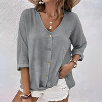 Women's V Neck Relaxed Button-Up Blouse - front