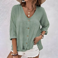 Women's V Neck Relaxed Button-Up Blouse - hero