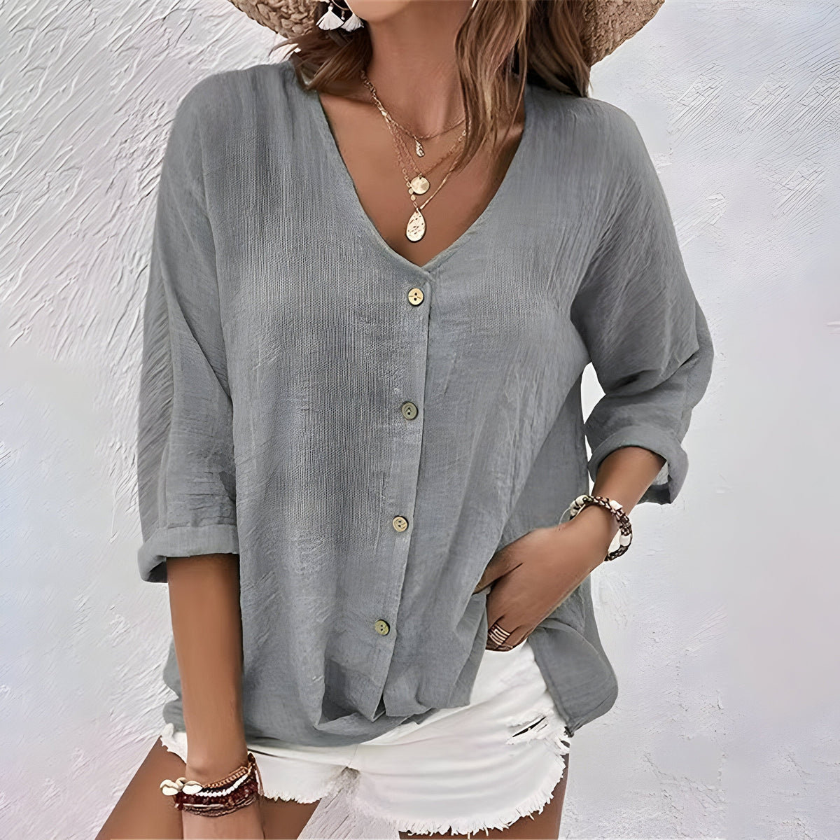 Women's V Neck Relaxed Button-Up Blouse - side