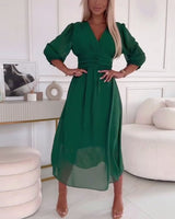 Women's V-Neck Ruched Waist Dress | Solid Colour Flowy Fit
