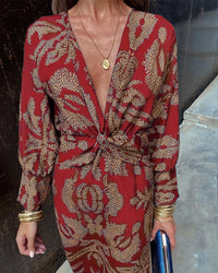 Women's Vintage Print V-Neck Dress | Long Sleeve Knot Front Full