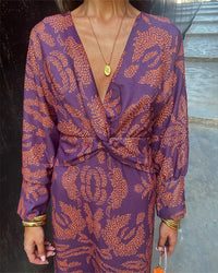 Women's Vintage Print V-Neck Dress | Long Sleeve Knot Front View 11