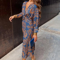 Women's Vintage Print V-Neck Dress | Long Sleeve Knot Front View 13