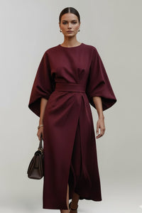 Women's Wide Sleeve Belted Midi Dress Back