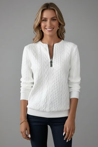 Women's Zip Neck Cable Knit Jumper | Half Zip Fitted Cuffs Close Up