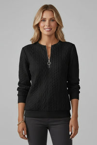Women's Zip Neck Cable Knit Jumper | Half Zip Fitted Cuffs Front