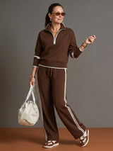 Women's Zip Neck Side Stripe Trousers Set | Relaxed Fit Knit Co-ord