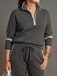 Women's Zip Neck Side Stripe Pants Set | Relaxed Fit Knit Co-ord View 12
