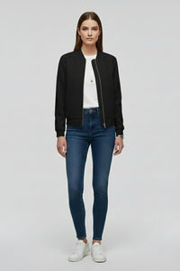 Women's Zipped Bomber Jacket | Elasticated Hem Straight Cut Close Up