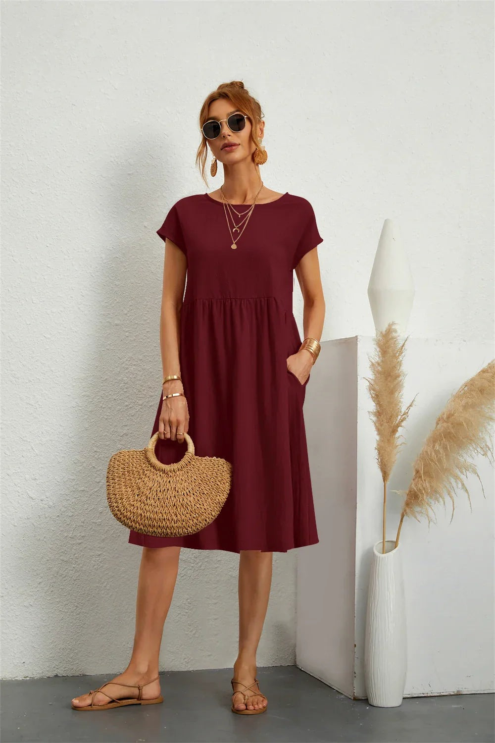 Women's Casual Short Sleeve Pocket Dress - detail