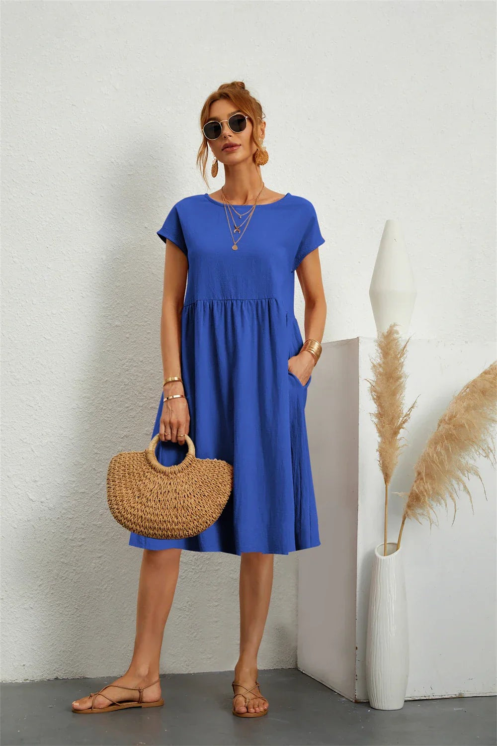Women's Casual Short Sleeve Pocket Dress - front