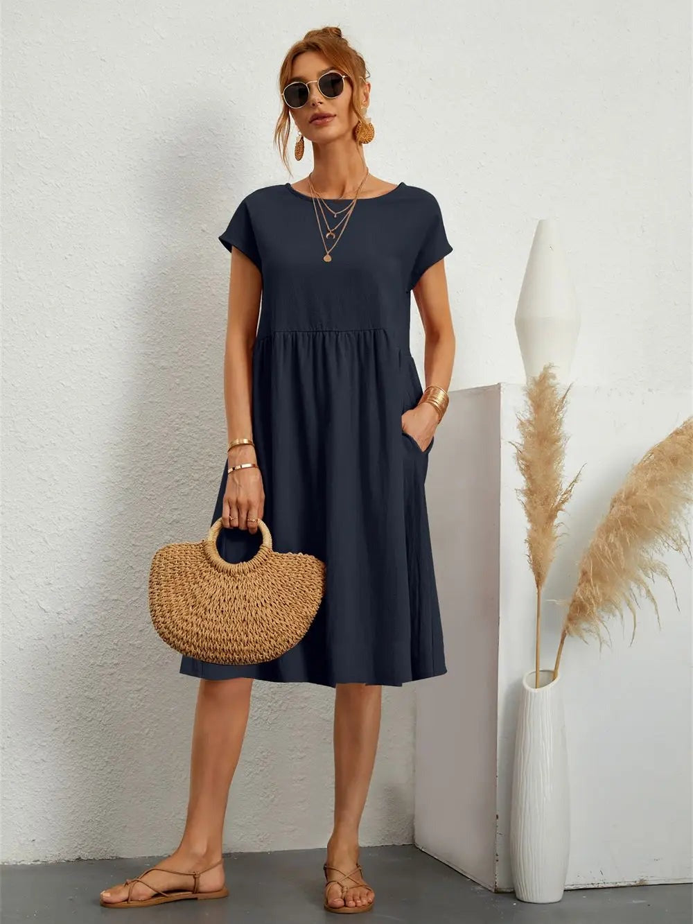 Women's Casual Short Sleeve Pocket Dress - look