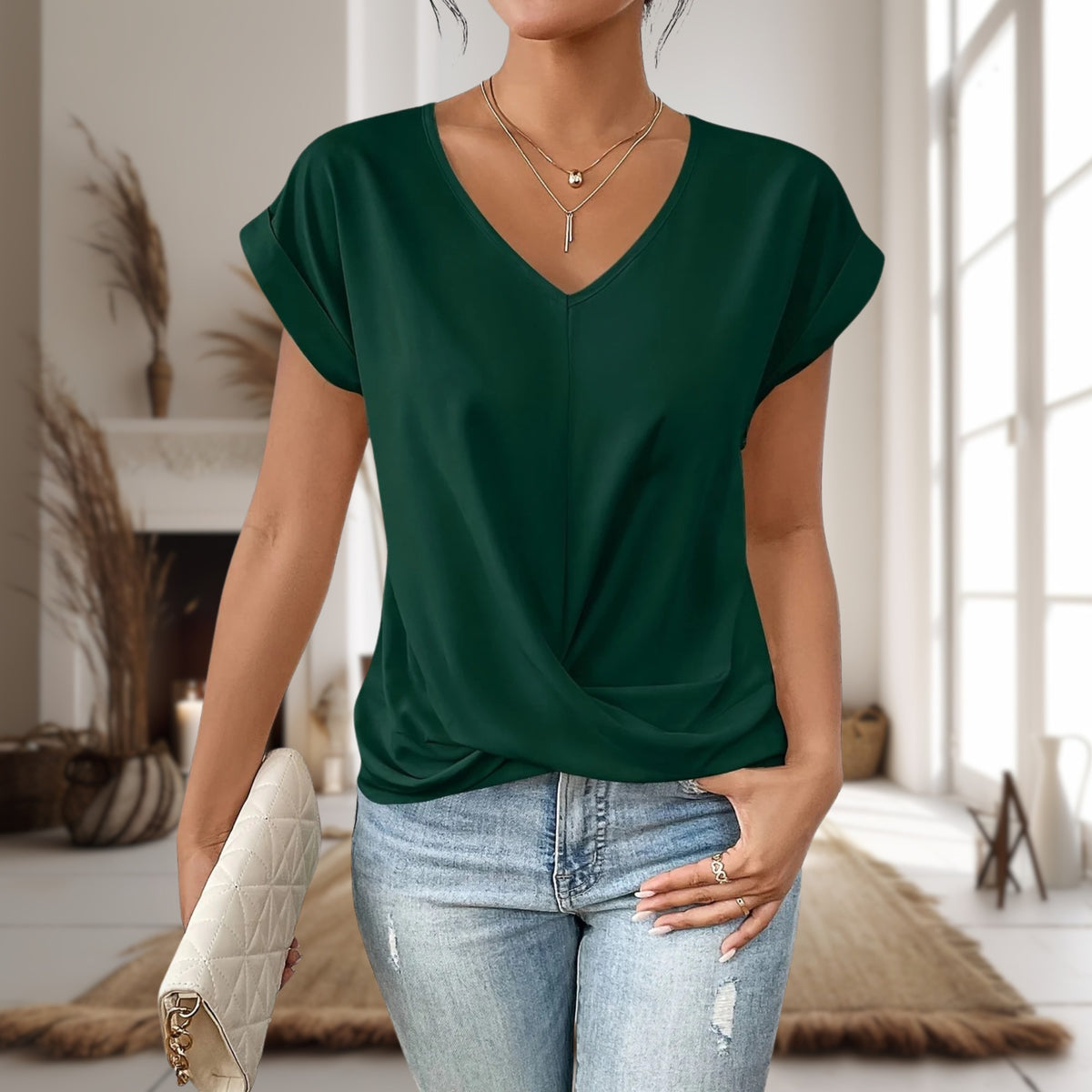 Women's Casual Top | Sweetheart Neck Twist Hem - close-up