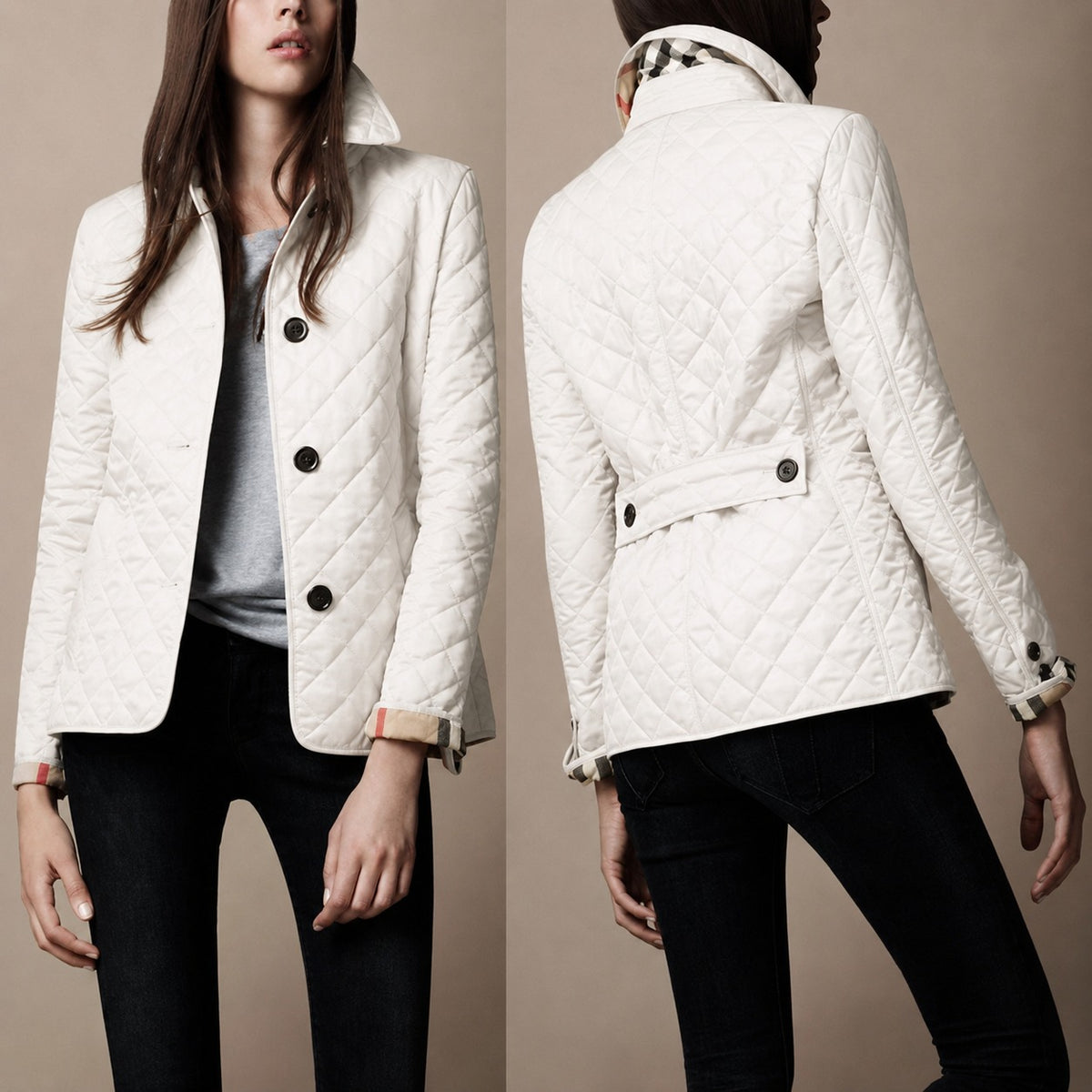Women's Diamond Button Quilted Jacket | Structured Collar Everyday - side