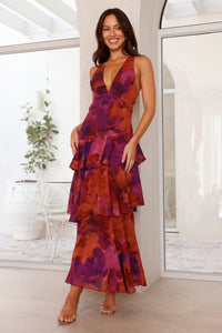 Women's Elegant Floral Tiered Maxi Dress - back
